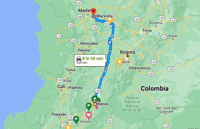 The route from Neiva to Marinilla.